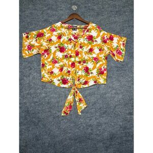 Vintage 90s TMG New York Tie Front Crop Blouse 2X USA Floral Rose Baroque